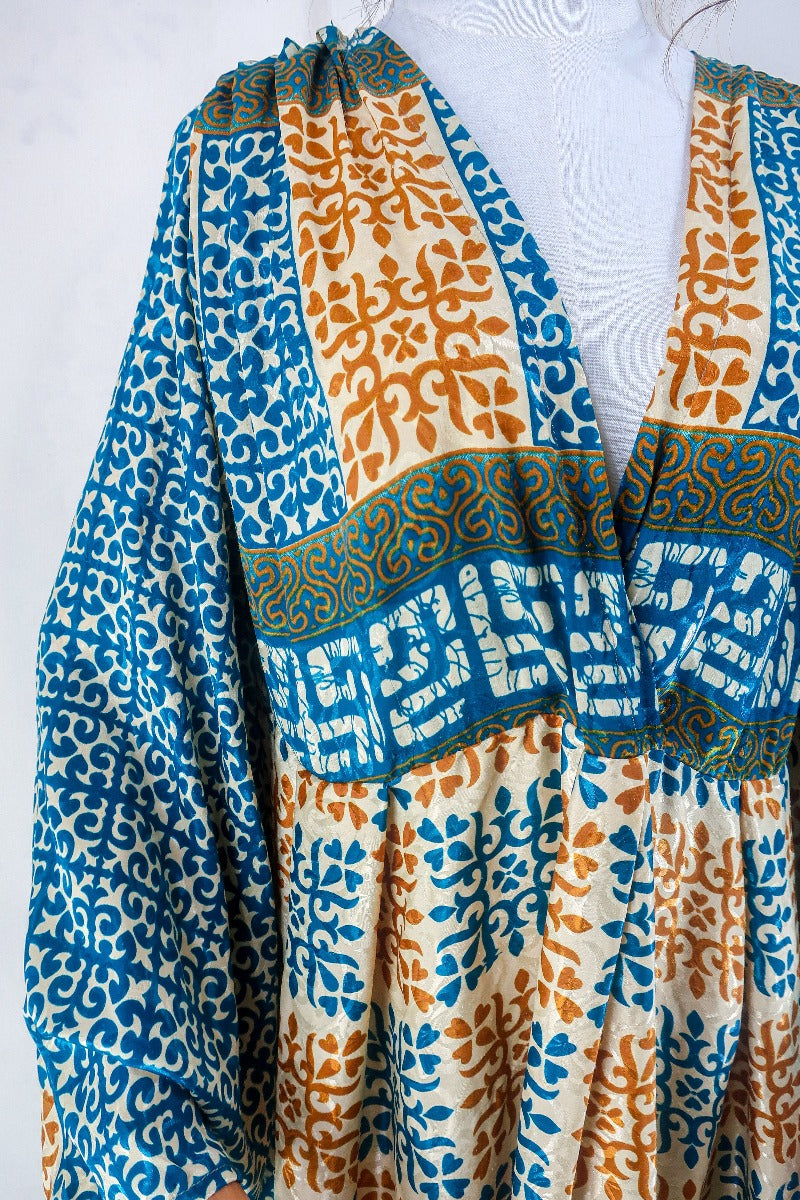 Fleur Bell Sleeve Dress - Ochre and Teal Mandala Tile  - Vintage Sari - Size M/L. By All About Audrey. 