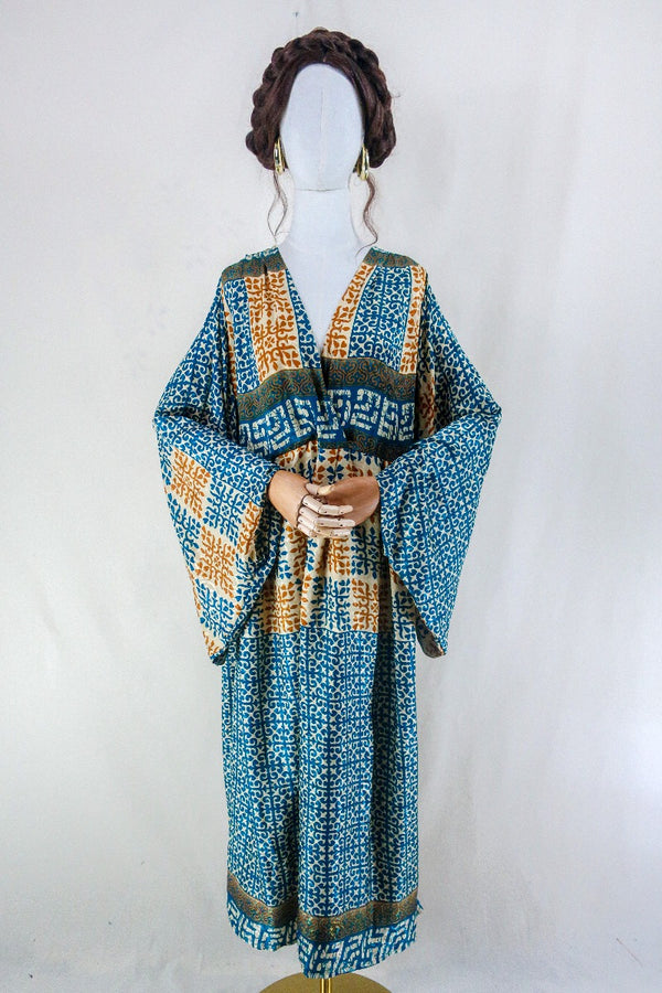 Fleur Bell Sleeve Dress - Ochre and Teal Mandala Tile  - Vintage Sari - Size M/L. By All About Audrey. 