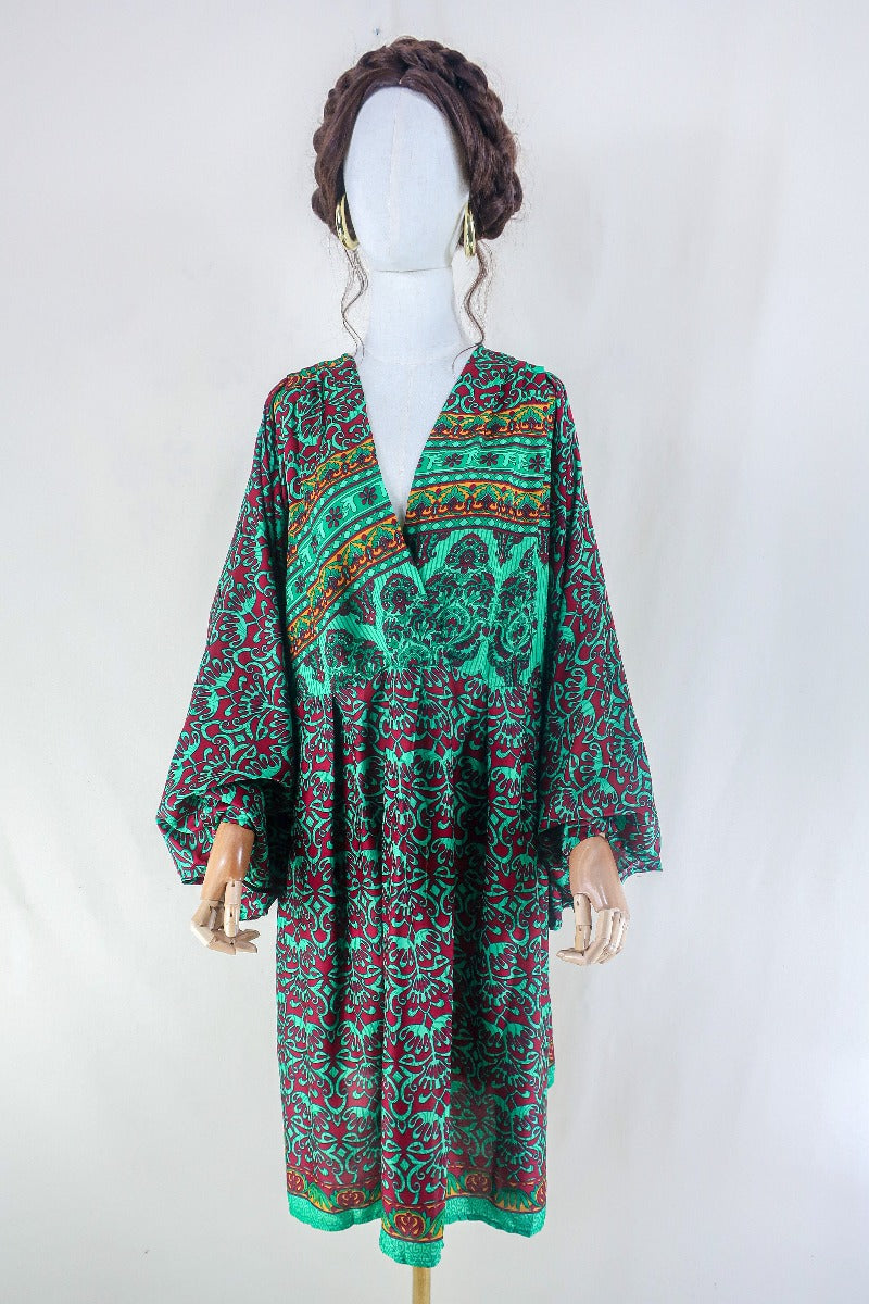 Fleur Bell Sleeve Dress - Jade and Merlot Mandala Swirl  - Vintage Sari - Size L/XL. By All About Audrey. 