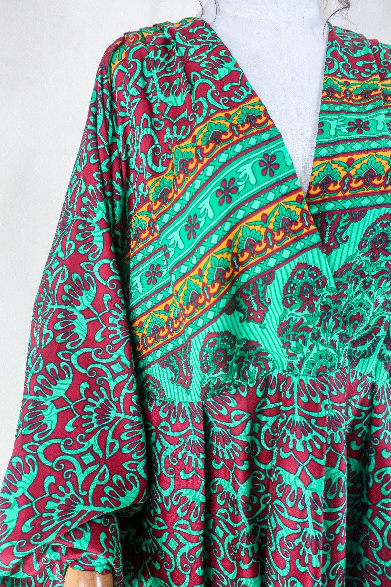 Fleur Bell Sleeve Dress - Jade and Merlot Mandala Swirl - Vintage Sari - Size L/XL. By All About Audrey.