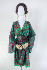 Fleur Bell Sleeve Dress - Jade and Merlot Mandala Swirl - Vintage Sari - Size L/XL. By All About Audrey.