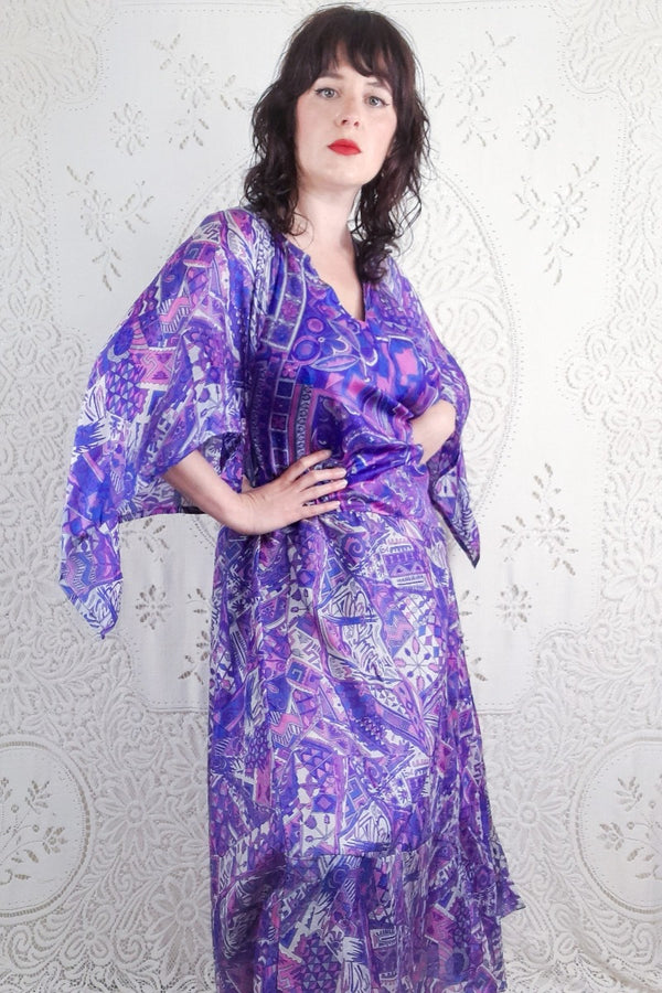 Goddess Dress - Amethyst Stained Glass Effect - Vintage Pure Silk - XS - M/L By All About Audrey