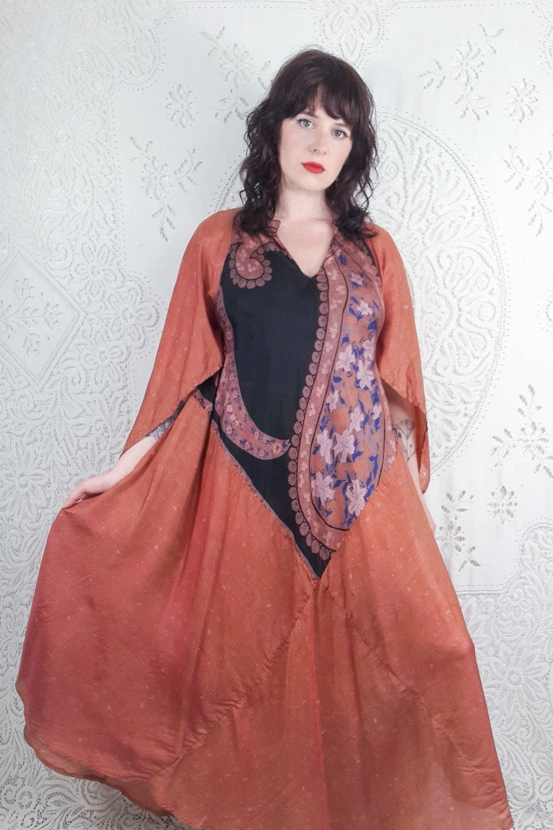 Goddess Dress - Red Clay, Raven & Indigo Lily Print - Vintage Pure Silk - XS - L By All About Audrey