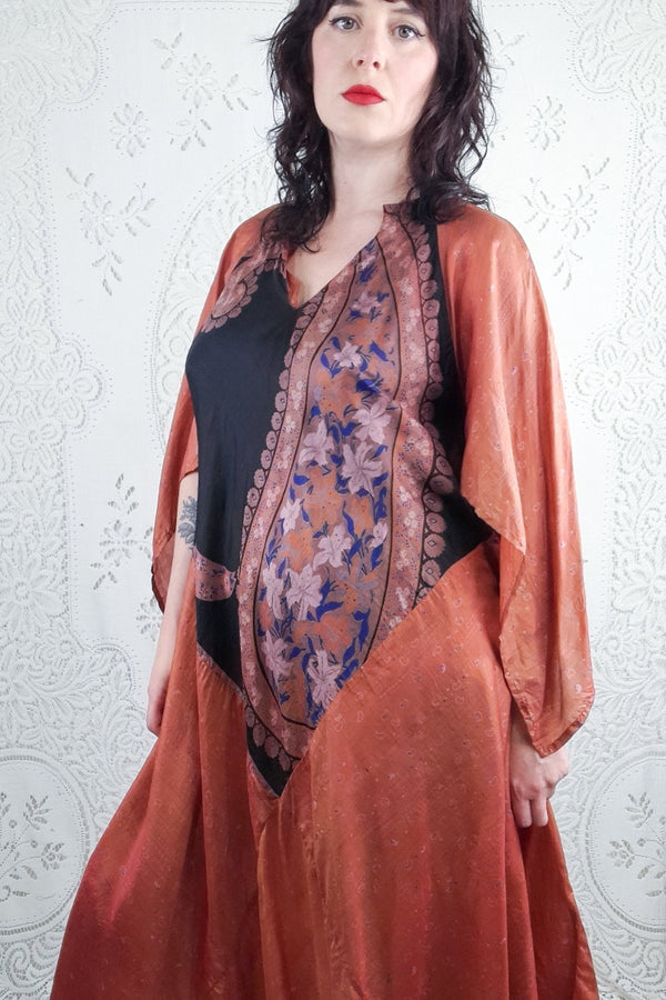 Goddess Dress - Red Clay, Raven & Indigo Lily Print - Vintage Pure Silk - XS - L By All About Audrey