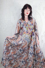 Goddess Dress - Misted Grey & Peach Patchwork - Vintage Pure Silk - XS - M/L By All About Audrey