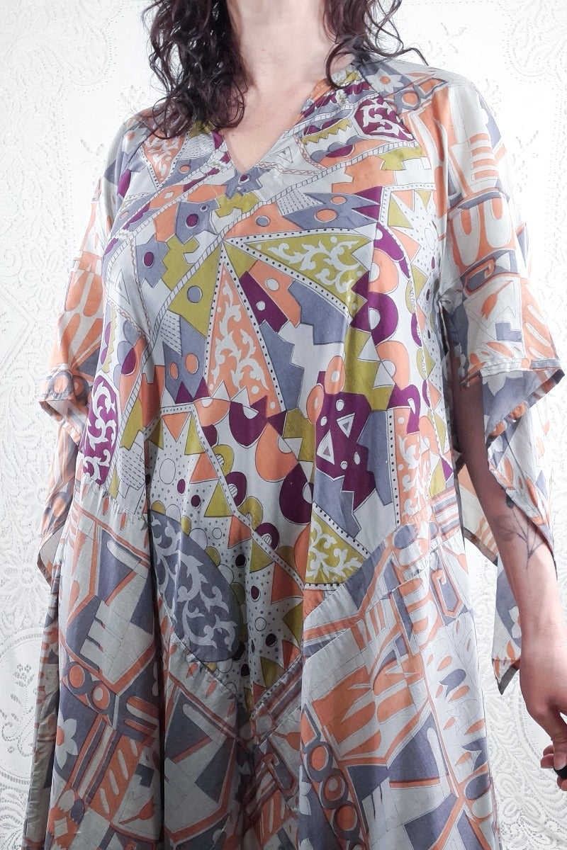 Goddess Dress - Misted Grey & Peach Patchwork - Vintage Pure Silk - XS - M/L By All About Audrey