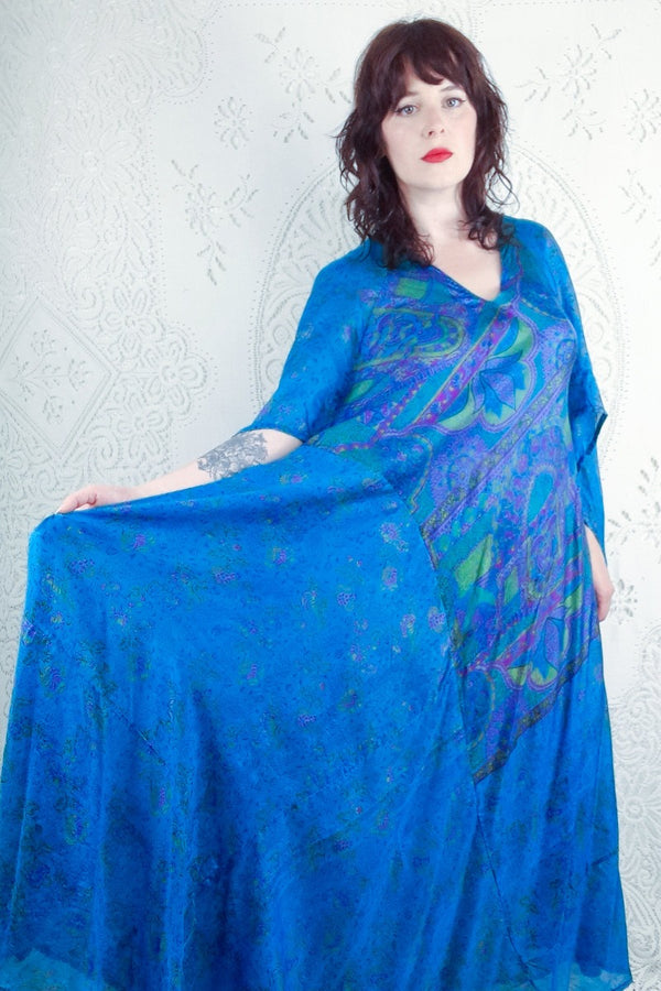 SALE - Goddess Dress - Ocean Blue & Chartreuse Abstract - Vintage Pure Silk - XS - M/L By All About Audrey