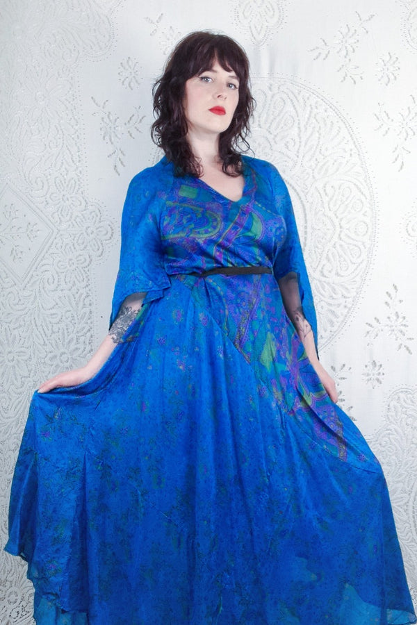 SALE - Goddess Dress - Ocean Blue & Chartreuse Abstract - Vintage Pure Silk - XS - M/L By All About Audrey