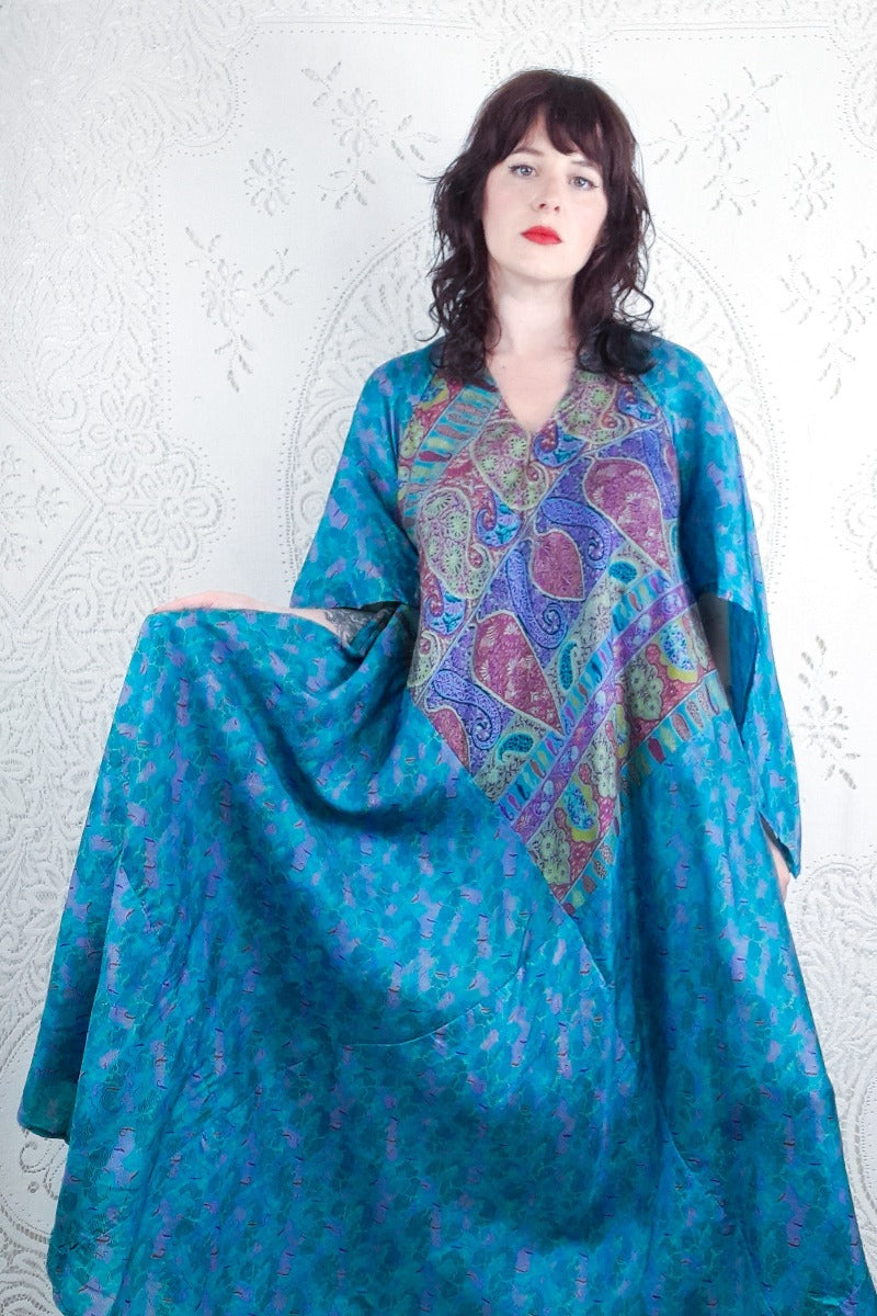 Goddess Dress - Tropical Teal Abstract Paisley - Vintage Pure Silk Mix - XS - M/L By All About Audrey