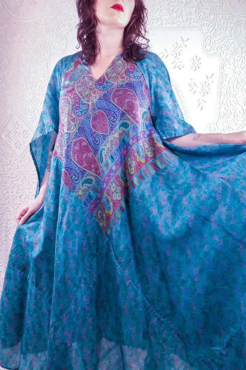 Goddess Dress - Tropical Teal Abstract Paisley - Vintage Pure Silk Mix - XS - M/L By All About Audrey