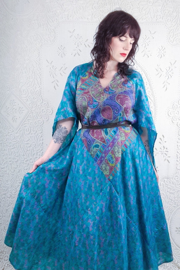 Goddess Dress - Tropical Teal Abstract Paisley - Vintage Pure Silk Mix - XS - M/L By All About Audrey
