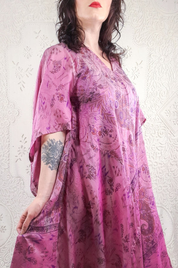 Goddess Dress - Rosy Pink, Russet & Purple Paisley - Vintage Pure Silk - XS - M/L By All About Audrey