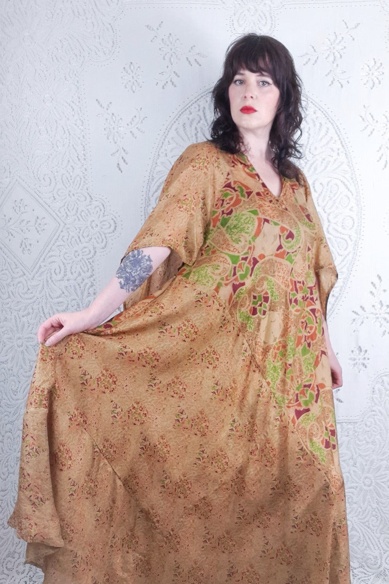 Goddess Dress - Antique Gold & Jewel Tone Abstract - Vintage Pure Silk - XS - M/L By All About Audrey