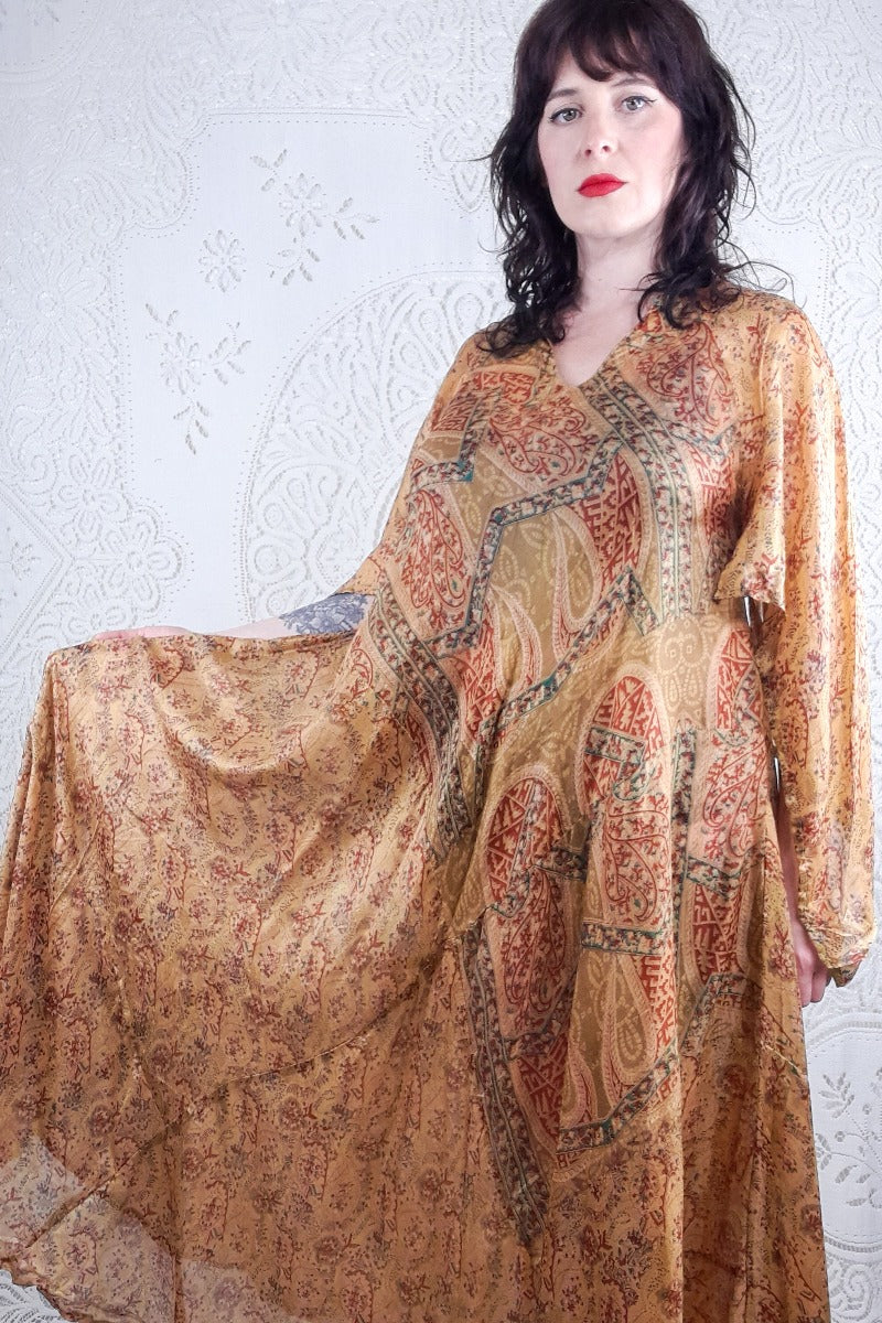 Goddess Dress - Honey Gold & Rosehip Paisley - Vintage Pure Silk Mix - XS - L By All About Audrey