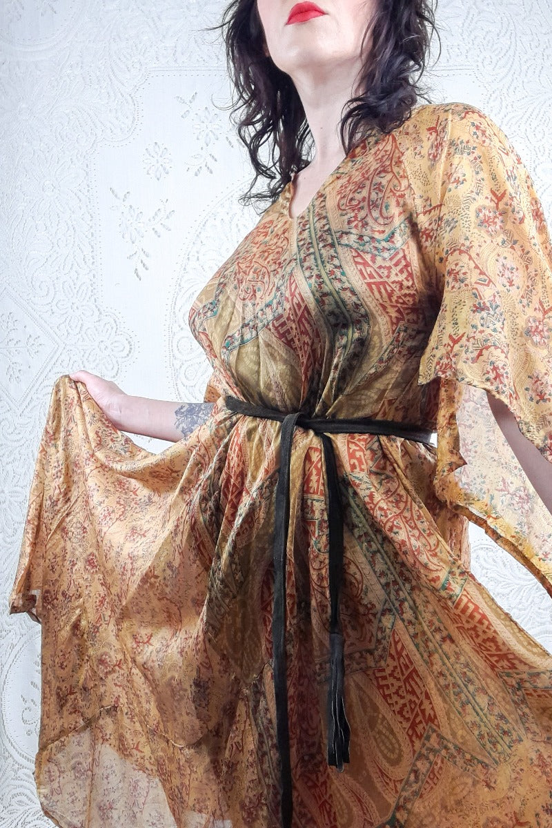 Goddess Dress - Honey Gold & Rosehip Paisley - Vintage Pure Silk Mix - XS - L By All About Audrey