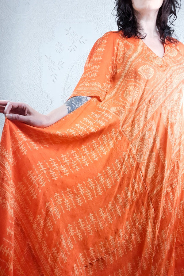 Goddess Dress - Electric Orange & Cream Abstract - Vintage Pure Silk - XS - M/L By All About Audrey
