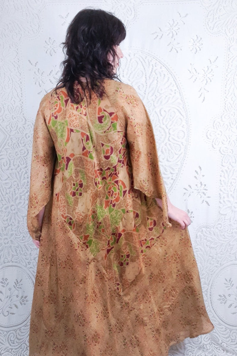 Goddess Dress - Antique Gold & Jewel Tone Abstract - Vintage Pure Silk - XS - M/L By All About Audrey