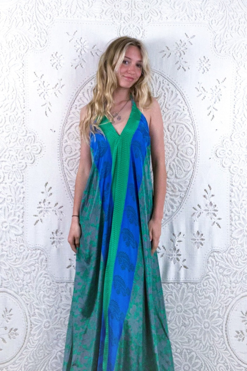 Athena Maxi Dress - Vintage Sari - Silver & Green Floral - S/M by all about audrey