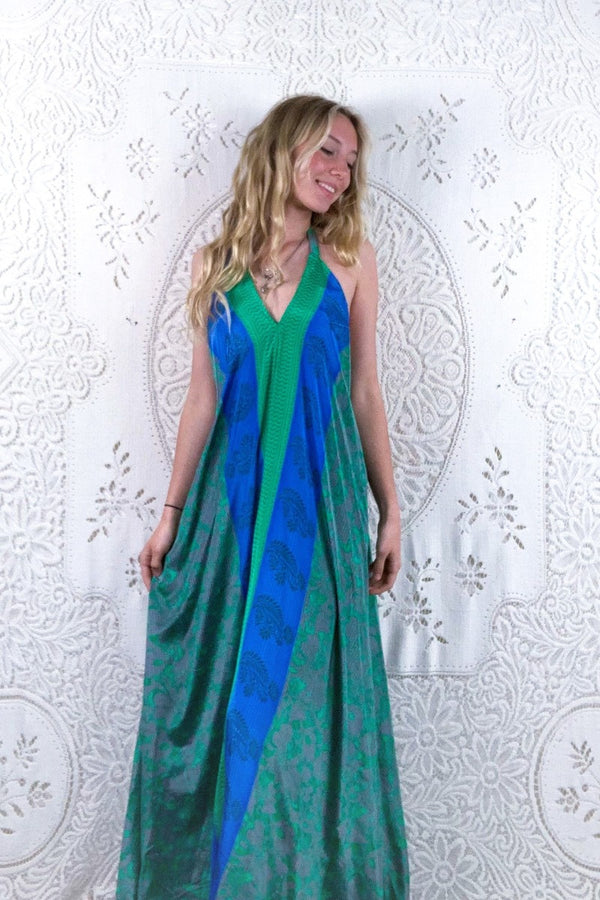 Athena Maxi Dress - Vintage Sari - Silver & Green Floral - S/M by all about audrey