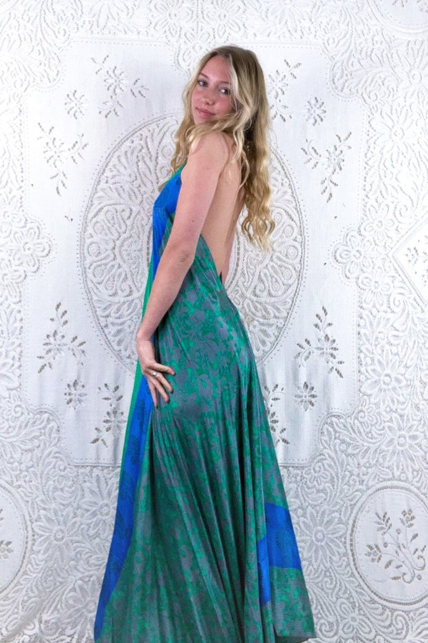 Athena Maxi Dress - Vintage Sari - Silver & Green Floral - S/M by all about audrey