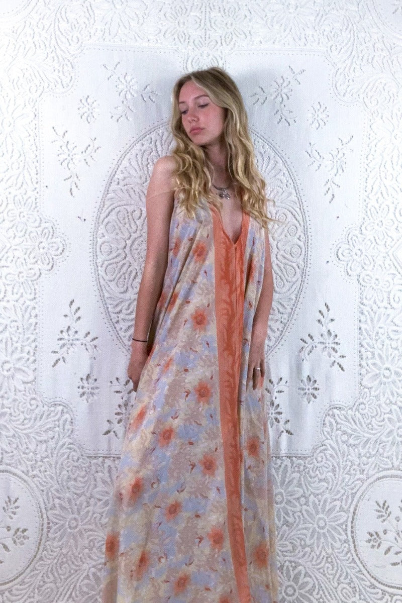 Athena Maxi Dress - Vintage Sari - Coral Pink, Pearl & Cream Floral - S - L/XL By All About Audrey