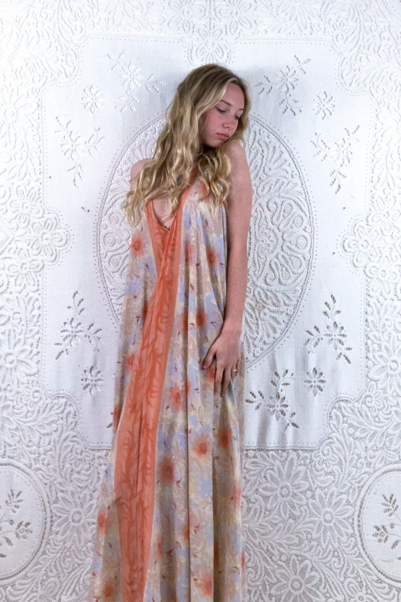 Athena Maxi Dress - Vintage Sari - Coral Pink, Pearl & Cream Floral - S - L/XL By All About Audrey