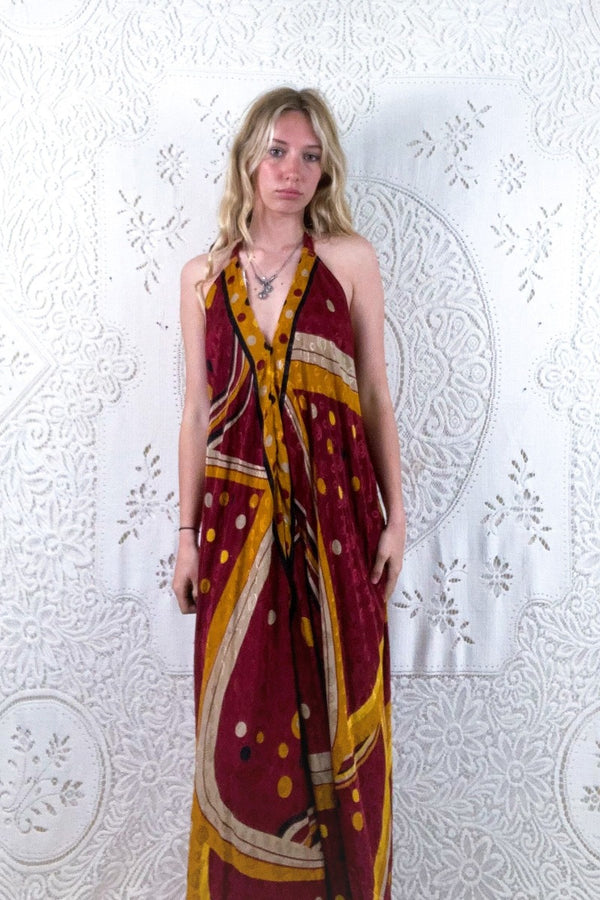 Athena Maxi Dress - Vintage Sari - Earthy Red Polka Dot Swirl - XS - M/L By All About Audrey