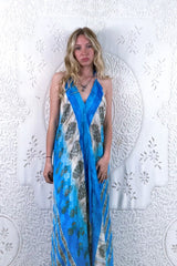 Athena Maxi Dress - Vintage Sari - Oceanic Blue Floral Shimmer - S - M/L by all about audrey
