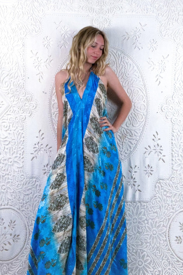 Athena Maxi Dress - Vintage Sari - Oceanic Blue Floral Shimmer - S - M/L by all about audrey