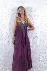 Athena Maxi Dress - Vintage Sari - Mulberry Purple & Jade Tile Print - XS - M/L By All About Audrey