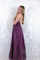 Athena Maxi Dress - Vintage Sari - Mulberry Purple & Jade Tile Print - XS - M/L By All About Audrey