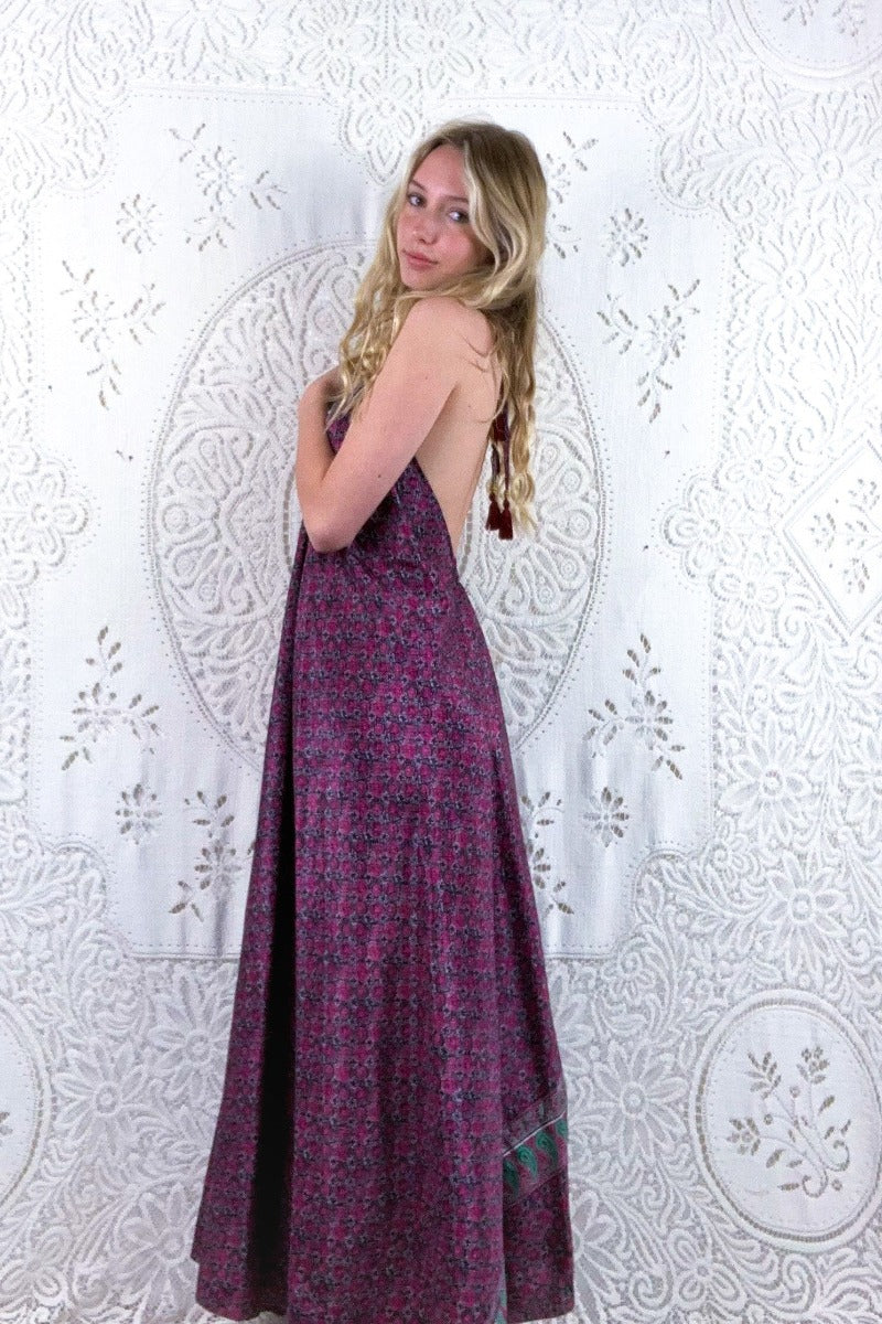 Athena Maxi Dress - Vintage Sari - Mulberry Purple & Jade Tile Print - XS - M/L By All About Audrey