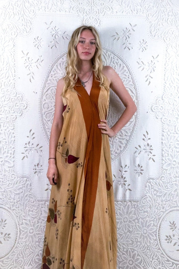 Athena Maxi Dress - Vintage Sari - Sandy Beige & Muted Leaf Print - S - L/XL by all about audrey