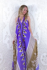 Athena Maxi Dress - Vintage Sari - Lavender & Fawn Fern Chevron Print - XS - M/L By All About Audrey