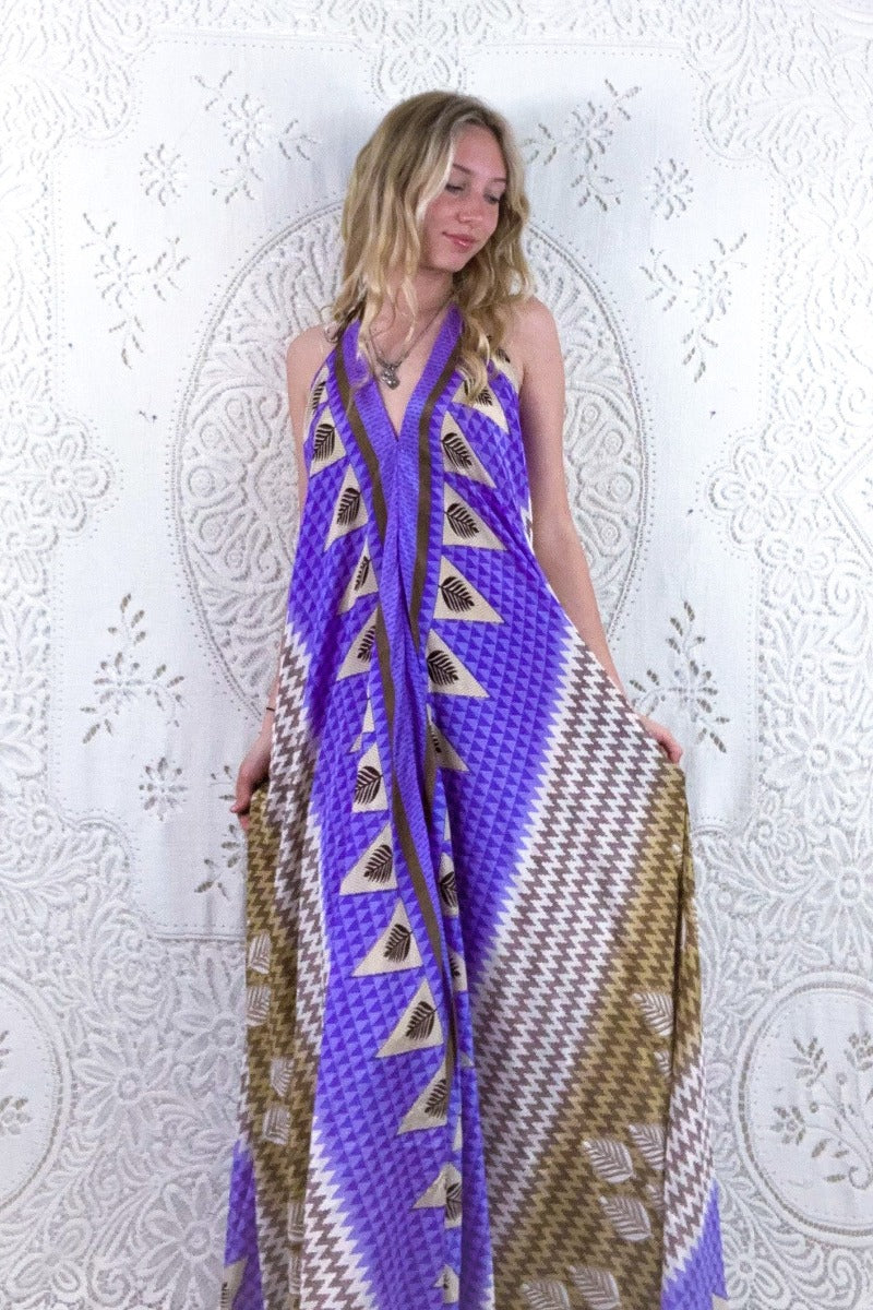 Athena Maxi Dress - Vintage Sari - Lavender & Fawn Fern Chevron Print - XS - M/L By All About Audrey