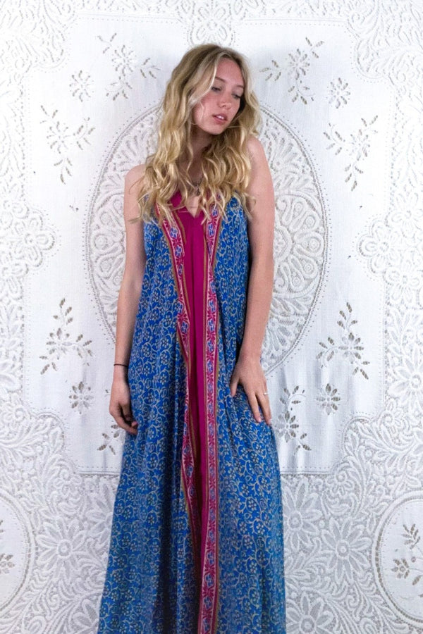 Athena Maxi Dress - Vintage Sari - Cornflower Blue & Cerise Tile Print - XS - S/M By All About Audrey