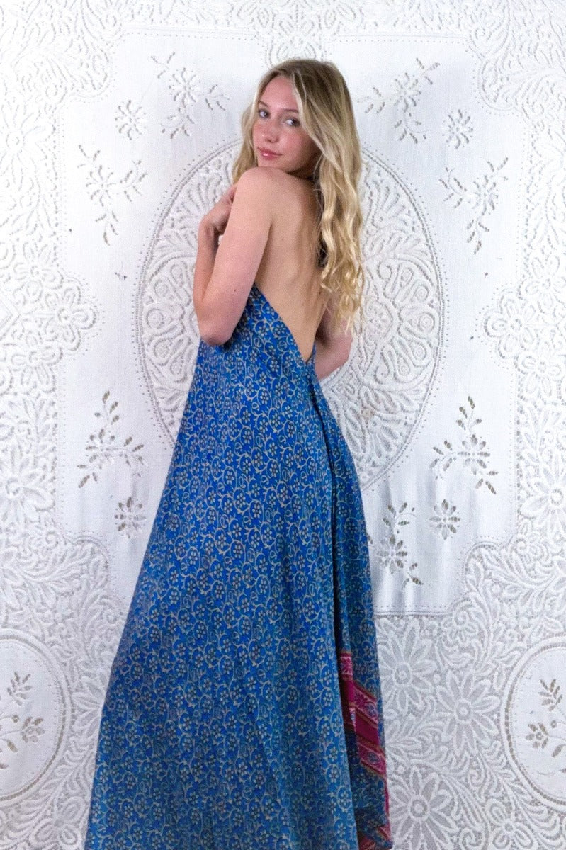 Athena Maxi Dress - Vintage Sari - Cornflower Blue & Cerise Tile Print - XS - S/M By All About Audrey