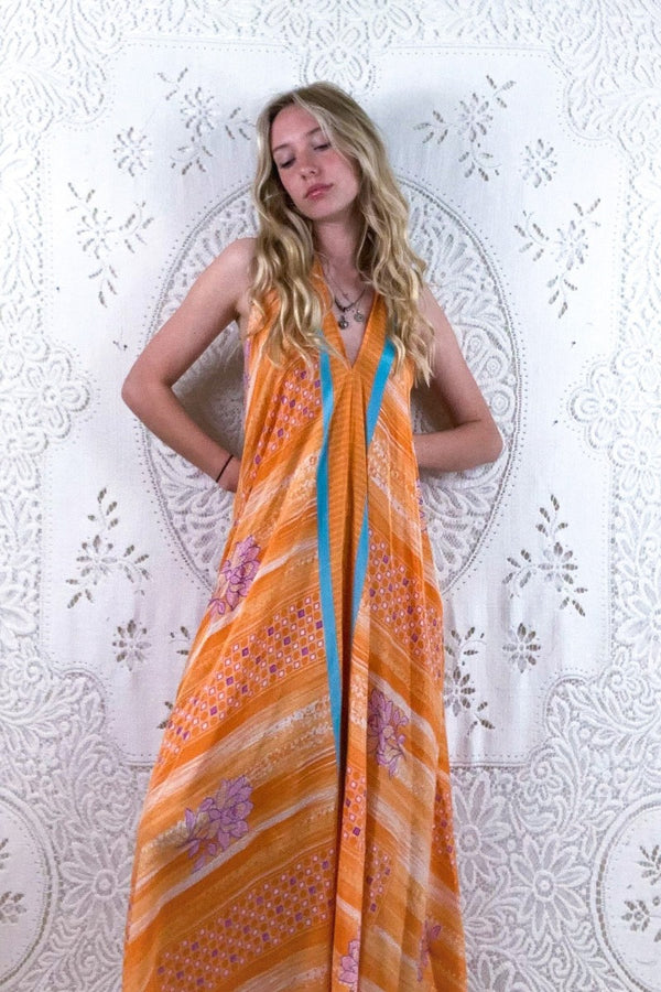 Athena Maxi Dress - Vintage Sari - Pastel Peach & Aqua Stripe Floral - S - L/XL By All About Audrey