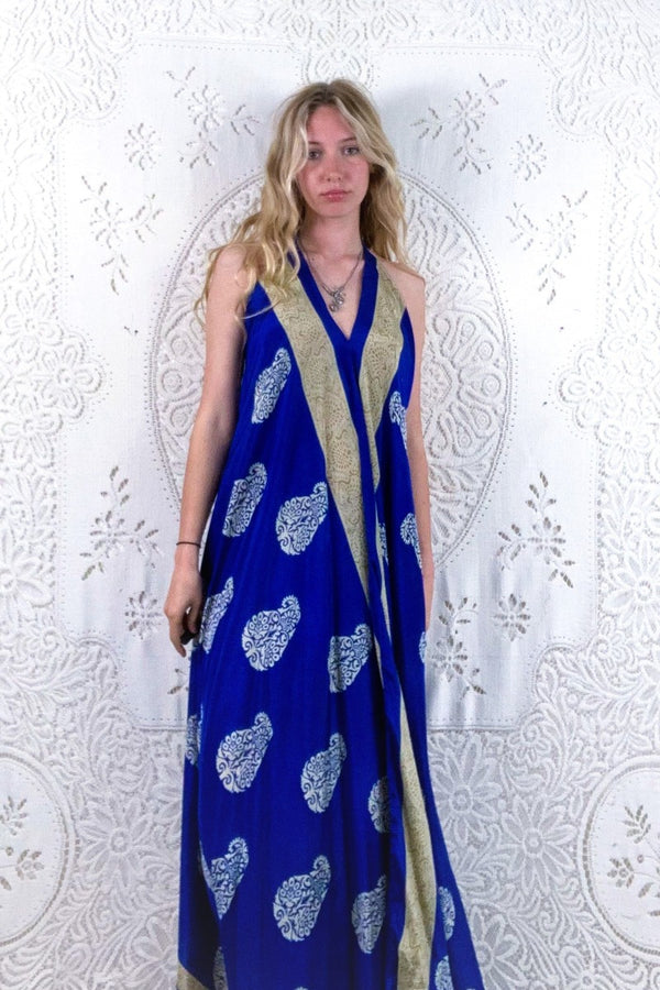 Athena Maxi Dress - Vintage Sari - Indigo Blue Bold Paisley Motif - XS - M/L By All About Audrey