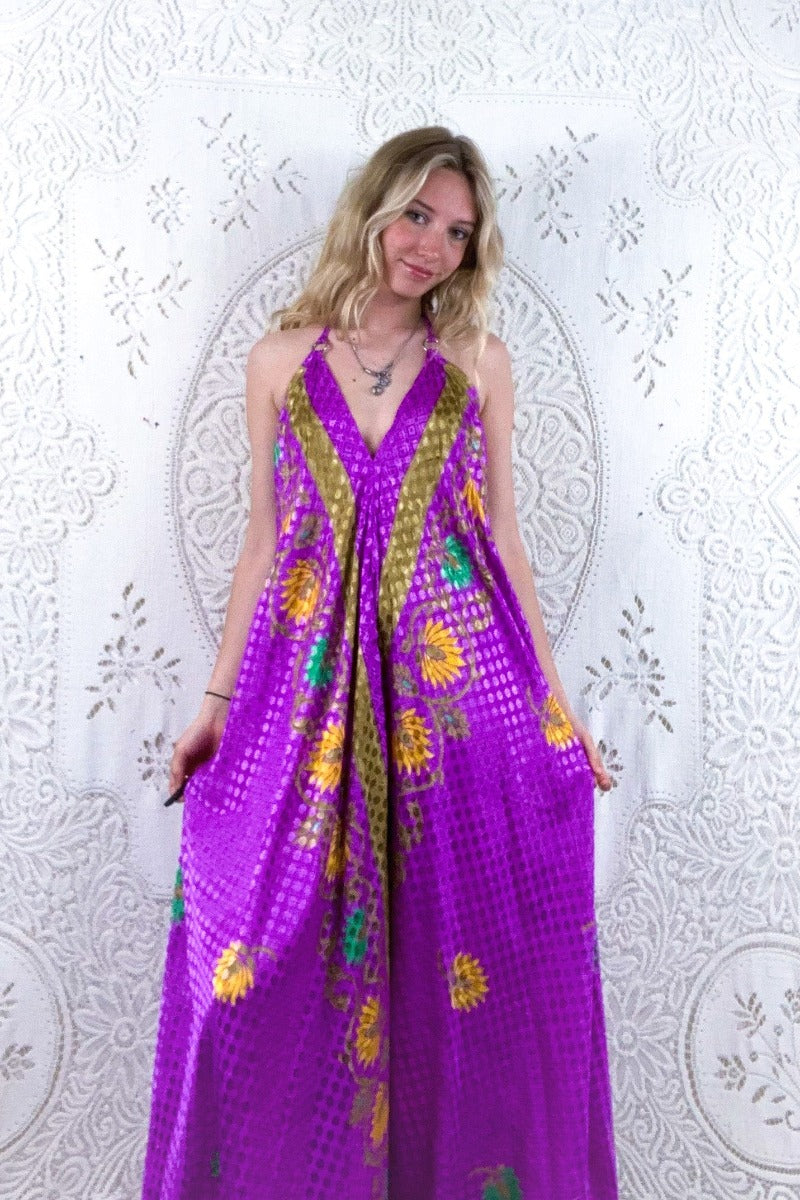 Athena Maxi Dress - Vintage Sari - Magenta & Summer Floral Fans - S - L/XL by all about audrey
