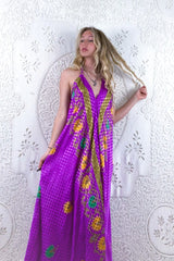 Athena Maxi Dress - Vintage Sari - Magenta & Summer Floral Fans - S - L/XL by all about audrey