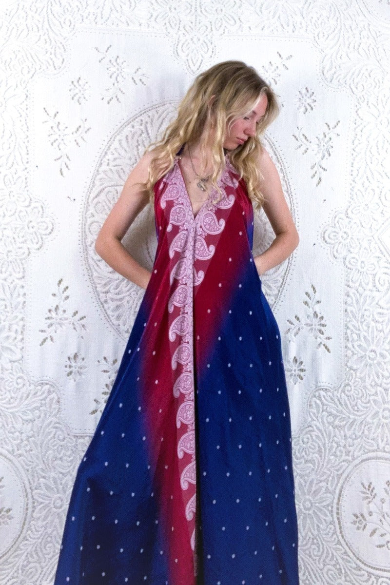 Athena Maxi Dress - Vintage Sari - Precious Red & Blue Embroidery - S - M/L by all about audrey