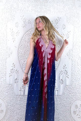 Athena Maxi Dress - Vintage Sari - Precious Red & Blue Embroidery - S - M/L by all about audrey
