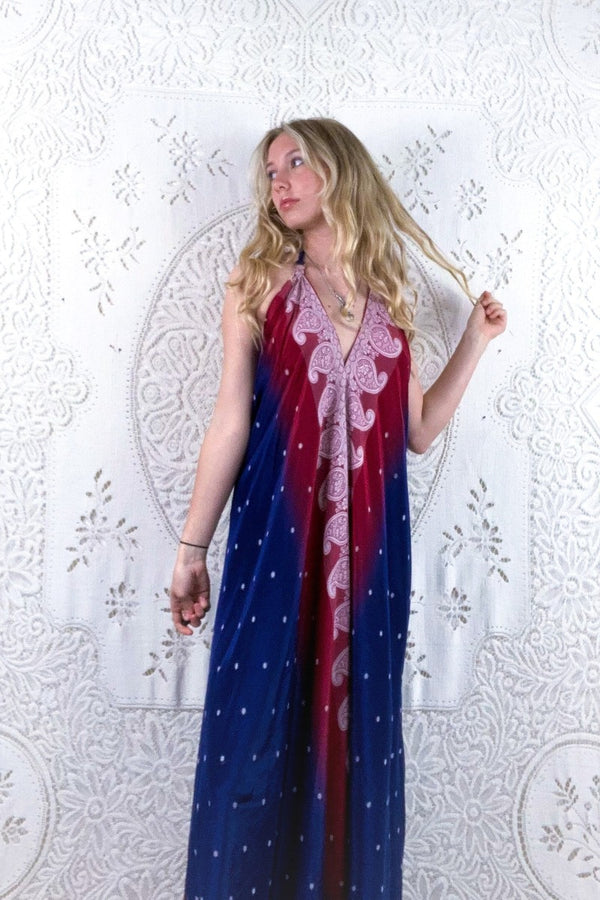 Athena Maxi Dress - Vintage Sari - Precious Red & Blue Embroidery - S - M/L by all about audrey