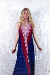 Athena Maxi Dress - Vintage Sari - Precious Red & Blue Embroidery - S - M/L by all about audrey