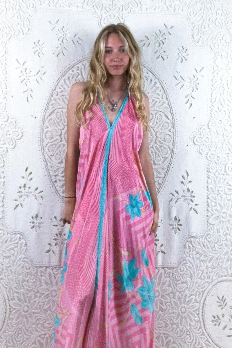 Vintage Sari Halter Maxi Pink Lemonade Floral All About Audrey All About Audrey Vintage Boutique