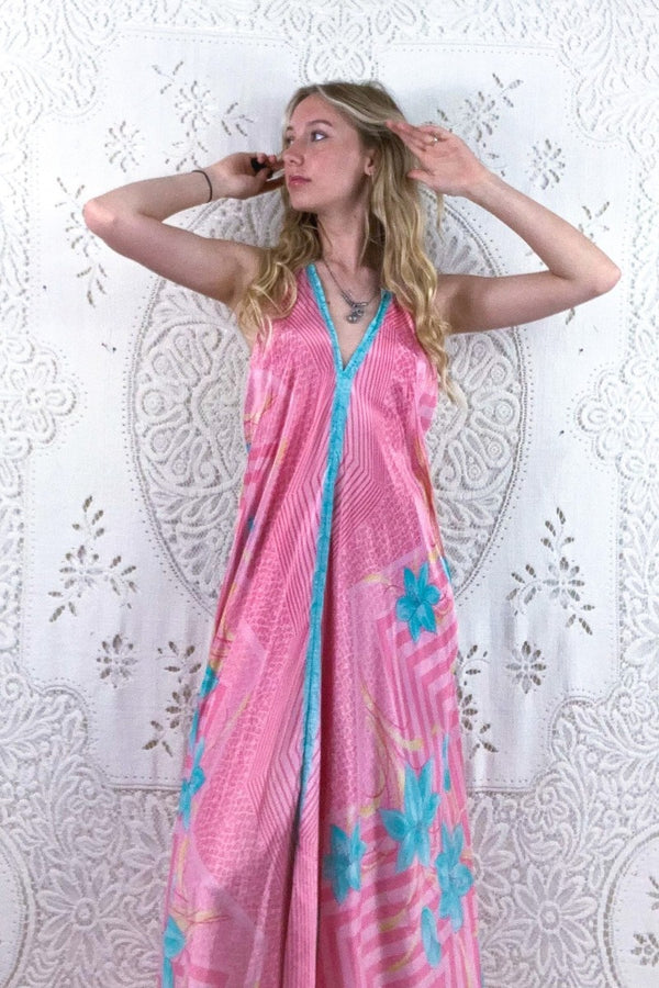 Athena Maxi Dress - Vintage Sari - Pink Lemonade & Mint Floral - S - M/L by all about audrey