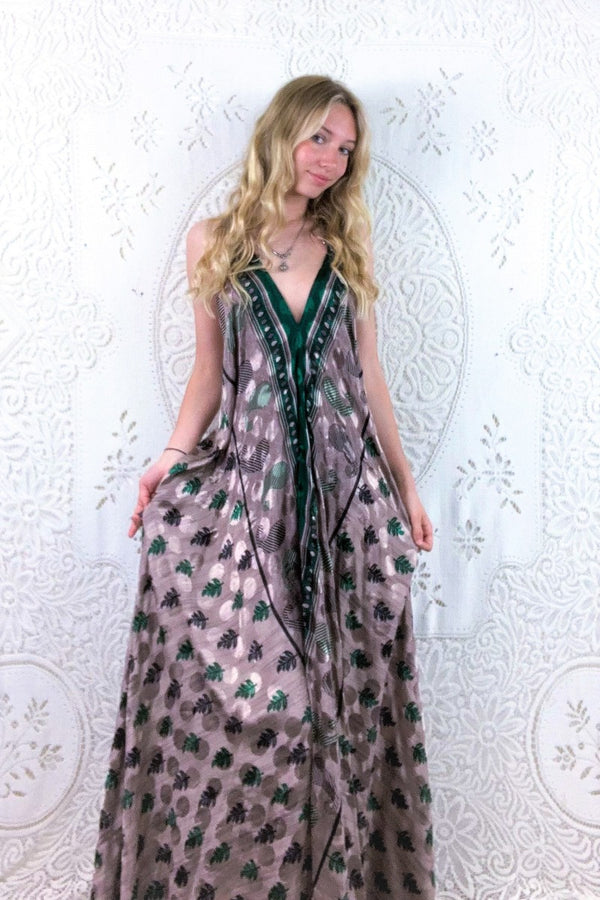 Athena Maxi Dress - Vintage Sari - Mink & Emerald Green Paisley - S - M/L by all about audrey