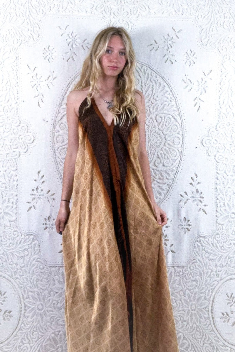 Athena Maxi Dress - Vintage Sari - Soft Gold & Bronze Tiles - S - M/L by all about audrey