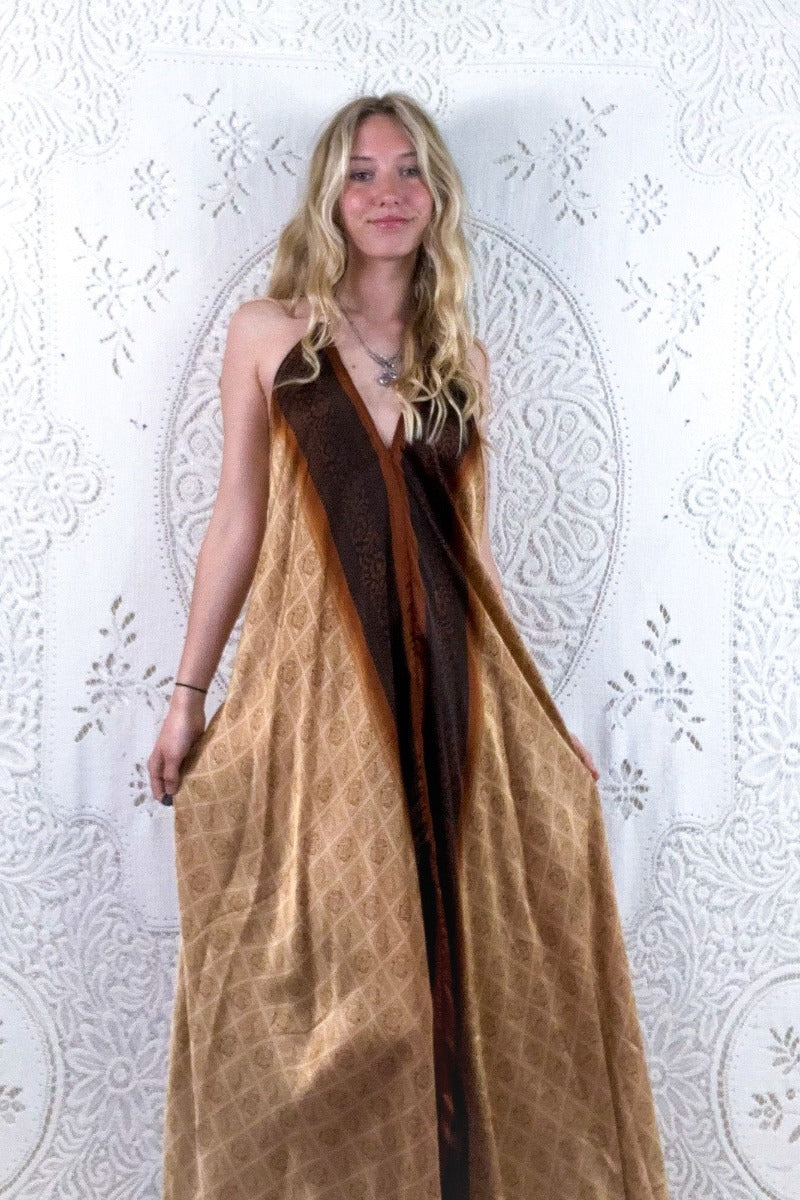 Athena Maxi Dress - Vintage Sari - Soft Gold & Bronze Tiles - S - M/L by all about audrey
